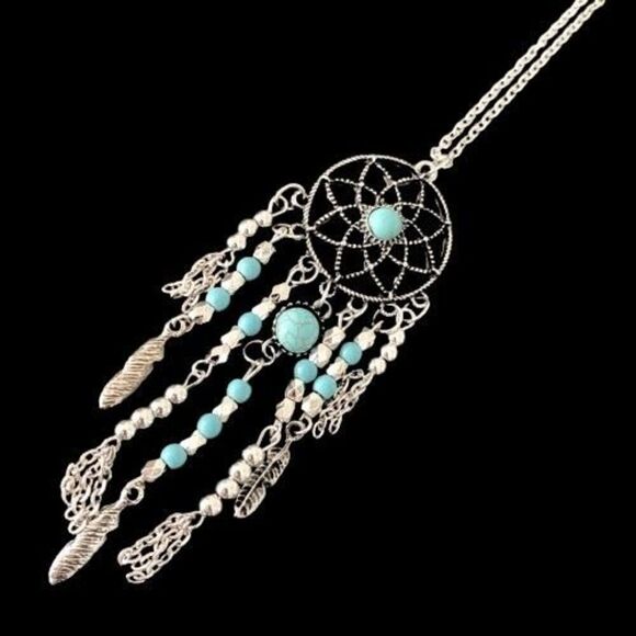 Men’s Turquoise & Feather Dreamcatcher Long Pendant Necklace with Silver Tassels - Picture 1 of 11